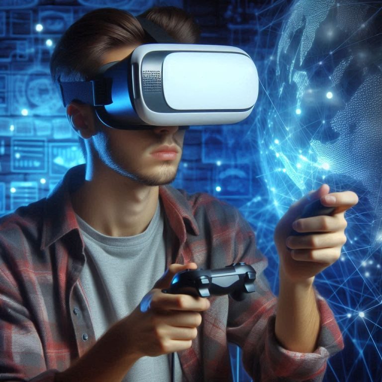 Homme portant un casque de réalité virtuelle, tenant une manette et pointant du doigt.