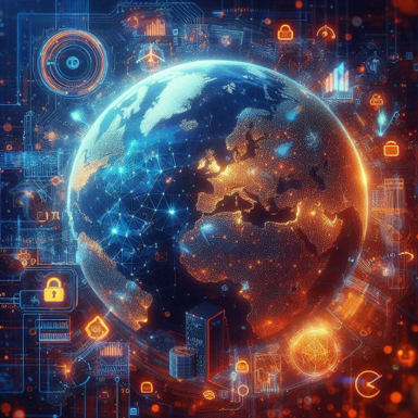 Terre entourée de symboles technologiques et de données numériques colorées.