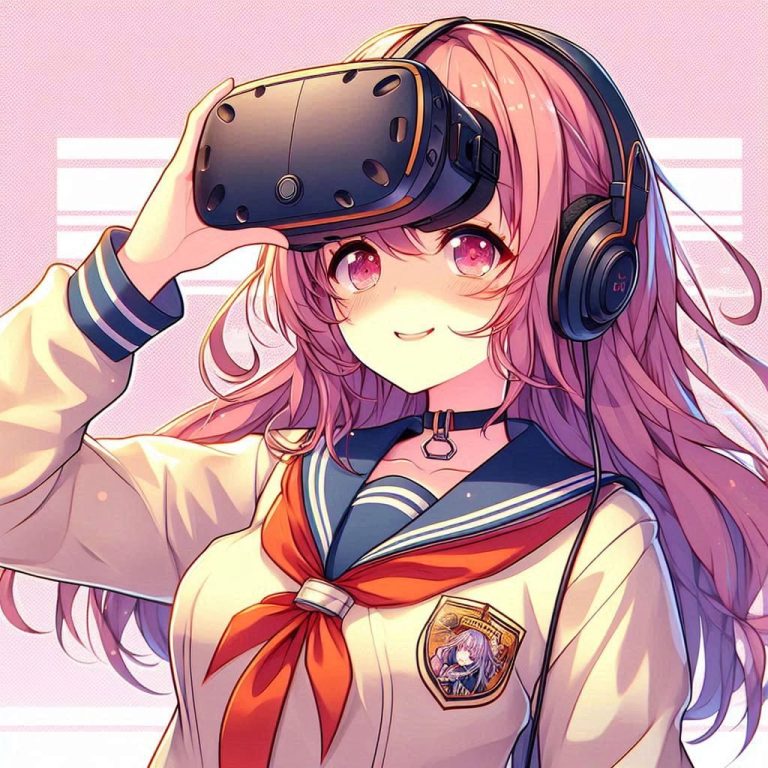 Jeune écolière aux cheveux roses, portant un casque VR, souriante.