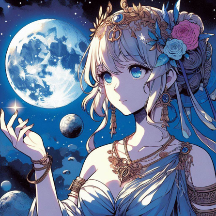 Femme à la chevelure dorée, portant des fleurs et des bijoux, sous une lune brillante.