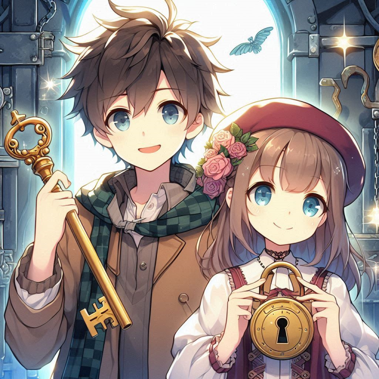 Jeunes personnages souriants, l'un avec une clé et l'autre tenant un cadenas.