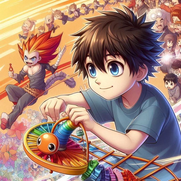 Un garçon souriant roule sur un jouet coloré, avec des personnages animés en arrière-plan.
