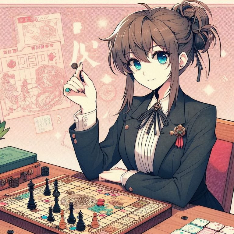Femme au cheveux bruns, en costume, tenant une pièce d'échecs devant un plateau de jeu.