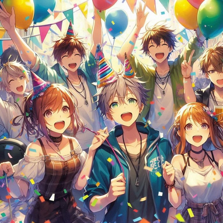 Groupe d'amis célébrant avec des chapeaux de fête, ballons et confettis.