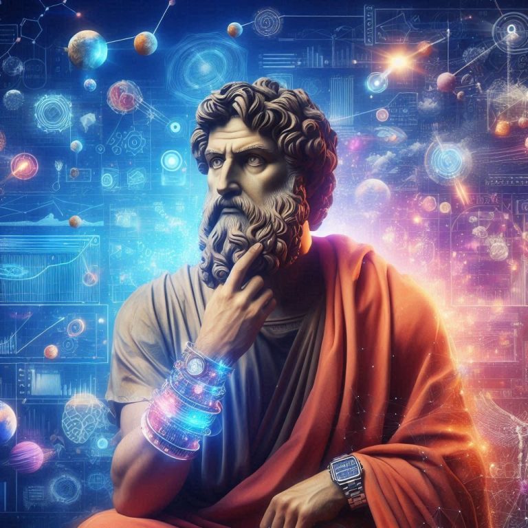 Statue d'un penseur antique, portant des bracelets futuristes, entouré d'éléments scientifiques.